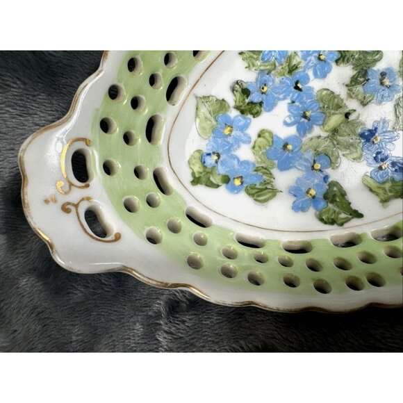 Antique Hand-Painted Porcelain Reticulated Serving Tray With Blue Floral Design - Picture 3 of 11